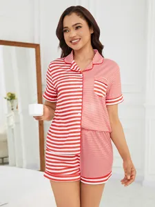 Detailed look at the soft red and white striped pajama set with contrast stripe patterns
