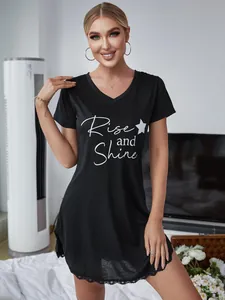 V-neck short sleeve nightdress with Rise and Shine print and delicate lace hem