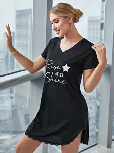 Detailed view of women's black V-neck short-sleeved nightgown with Rise and Shine print