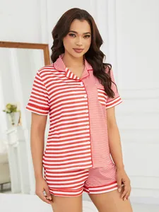 Women's red and white striped pajama set with short-sleeved button-down shirt and shorts