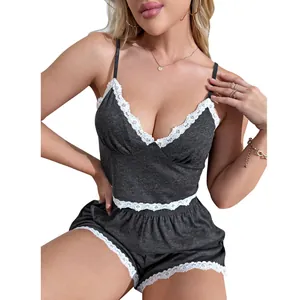 Detail view of sexy charcoal grey lace trim cami and shorts pajama set for women