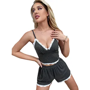 Sexy dark grey lace-trimmed camisole and shorts pajama set for women in detail view