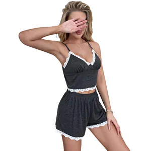 Detail of grey sexy lace pajama set for women including camisole and shorts