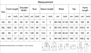 Detailed size chart in cm and inches for a plus-size women's pajama set with pants