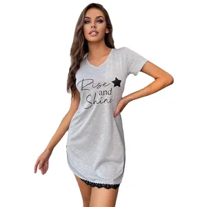 Women's grey short sleeve V-neck nightgown featuring Rise and Shine print and lace trim