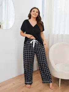 Plus size women's loungewear set with short sleeve V-neck top and plaid long pants
