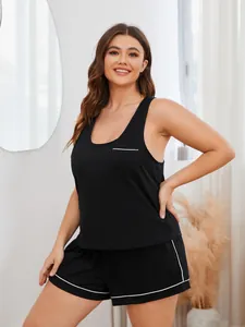Bequemes schwarzes Schlafanzug-Set in Übergröße mit ärmellosem Top und Shorts mit Paspelierung