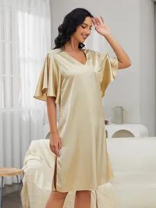 Elegant champagne ice silk nightdress featuring flare sleeves and side slit for women