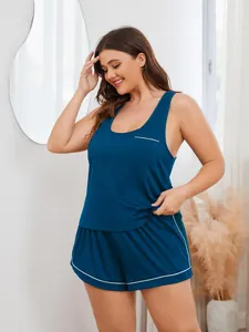 Damen Schlafanzug Set Übergröße mit blauem Tanktop und passenden Shorts, zweiteilig