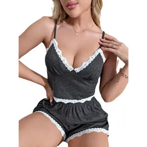Two-piece grey lace trim camisole and shorts pajama set for women's summer loungewear