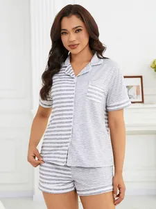 Women's striped pajama set featuring short sleeves and button-down lapel collar