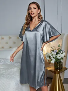 Detailed view of women's silver ice silk nightdress with v-neck and side slit