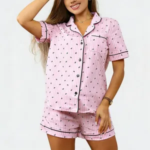 Women's summer pink striped short sleeve pajama set with shorts nightwear