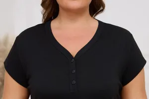 Close-up of V-neckline with buttons on black plus size short sleeve pajama top