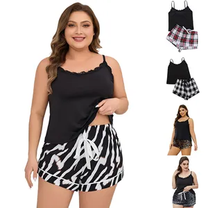 Dames Grote Maten Zomer Pyjama Set Kant Afwerking Cami Top En Zebra Print Shorts Sexy Loungewear Top And Bottom Set