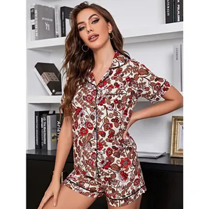 Set Pigiama da Donna in Viscosa Stampa Floreale Manica Corta Sopra e Sotto Loungewear Estivo Biancheria da Notte Casual