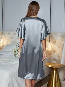 Detailed back view of an elegant silver grey ice silk nightgown with a luxurious satin sheen