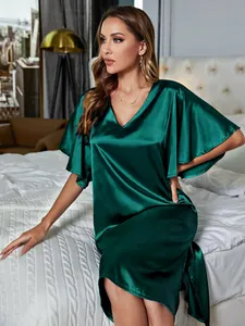 Elegant dark green satin nightgown featuring a V-neck and stylish side slit detail.