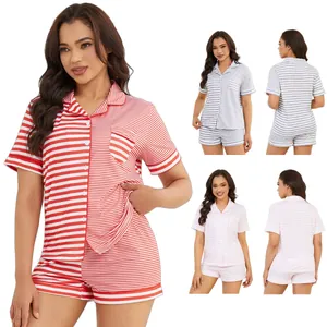 Women Striped Pajama Set Lapel Short Sleeve Top And Bottom Loungewear Summer Polyester Breathable Sleepwear Pjs For Lady