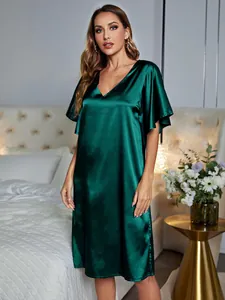 Elegant emerald green satin V-neck nightgown featuring short flutter sleeves for home