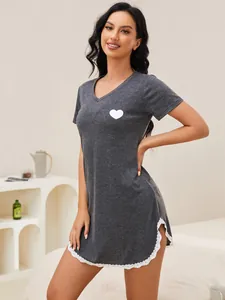 Grey V-neck nightgown with white heart print and delicate lace trim detail
