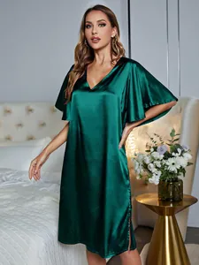 Elegant emerald green silk nightdress with v-neck and butterfly sleeves detail