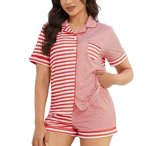 Stylish red and white striped two-piece pajama set for women with a button-down shirt