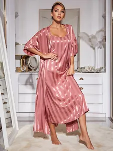 Rose pink satin striped sleepwear set featuring a long nightgown and matching robe.
