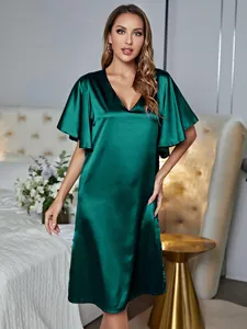 Elegant dark green satin nightgown featuring flutter sleeves and a V-neckline detail.
