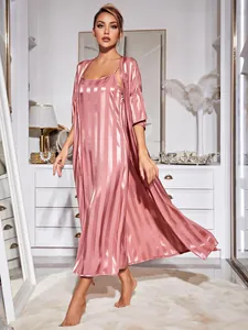 Full view of pink striped satin pajama set including camisole dress and matching robe