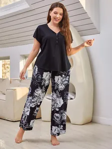 Plus size black short sleeve v-neck top and floral print lounge pajama pants set for women