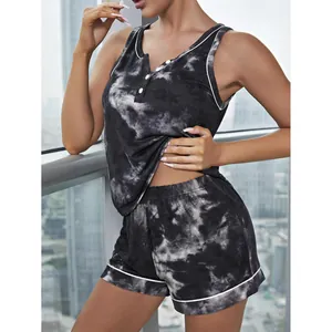 Women Casual Tie Dye Pajamas Set Sleeveless V Neck Button Vest And Shorts Loungewear Sleepwear Top And Bottom
