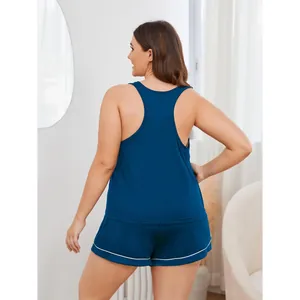 Plus Size Sommer Schlafanzug Set mit dunkelblauem Trägertop und Shorts für Damen