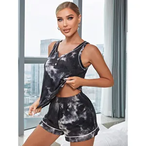 Women's two-piece tie-dye pajama set with a sleeveless tank top and matching shorts