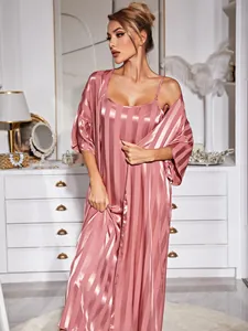 Luxurious pink striped silk pajama set featuring long robe and nightgown for women