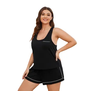 Bequemes schwarzes Pyjama-Set in Übergröße für Damen mit Tanktop und Shorts mit Paspelierung