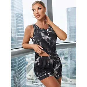 Stylish tie-dye sleeveless tank top and shorts pajama set for women in black and white.