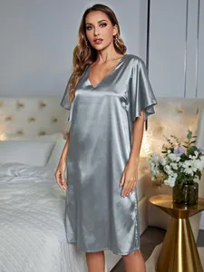 Elegant silver grey satin V-neck nightgown for women with silky texture and loose fit.