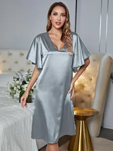 Detailed view of grey ice silk nightgown featuring a V-neck and elegant butterfly sleeves