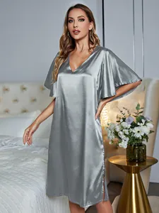 Elegant silver satin nightdress with V-neck and flared sleeves for summer comfort.
