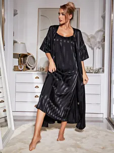Elegant black satin pajama set including a matching long robe and striped slip nightgown