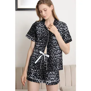 Damen Leopardenmuster Schlafanzug Set Kurzarm Revers Hemd Und Shorts Zwei Teiler Viskose Nachtwäsche Loungewear Set