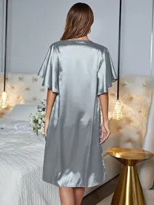 Detailed back view of a luxury silver ice silk satin nightgown with flared short sleeves