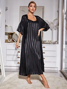Elegant black striped satin pajama set featuring a silky robe and camisole nightgown.