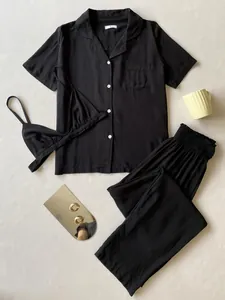 Schwarzer 3-teiliger Schlafanzug für Damen mit Kurzarmshirt, Bralette und langer Hose