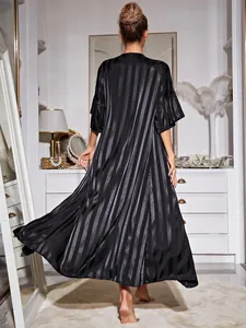 Elegant black striped satin long robe with ruffled sleeves back view detail