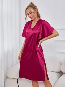 Elegant dark pink satin nightgown with stylish flutter sleeves and side slit detail