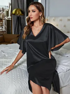 Elegant black satin nightdress featuring a V-neck and stylish butterfly sleeves.