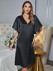 Elegant black satin ice silk V-neck nightdress with flutter sleeves for women's home wear