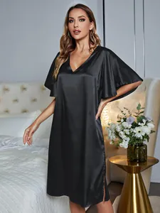 Elegant black satin V-neck nightgown with butterfly sleeves and side slits for women.